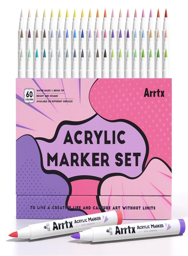 Arrtx Acrylic Paint Markers 60B,Brush Tip Acrylic Markers for Rock Painting,Glass,Stone,Wood,Ceramic Fabric Art Supplies,Stocking Stuffer Gifts for women men - Image 1