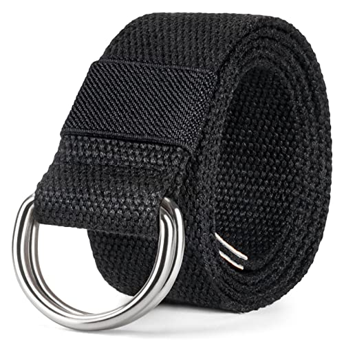 maikun Canvas Web Belt Silver Double D-ring Buckle 1 1/2 Inch Wide, Cloth Black Belt for Men, Length 110cm - Image 1