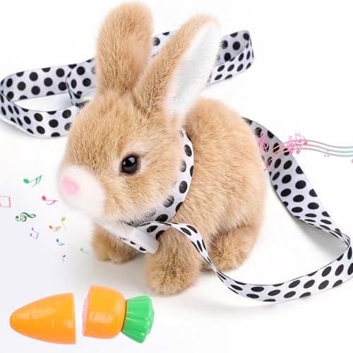 Sprstar Easter Bunny ToyBunny My Realistic Bunny ToyHopping Rabbit Plush Bunny Toywith Sounds and Movements Animated Walking Wiggle Ears Twitch Nose Gift for Toddlers BirthdayBrown Rabbit Leash - Image 1
