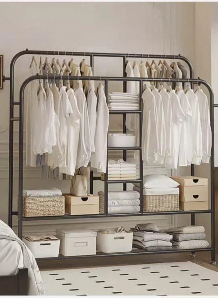 شي ون ستاند ملابس معدني من SHEE ONE | منظم ملابس بتصميم مفتوح مع علاقات وأرفف تخزين متعددة | خزانة ملابس عصرية للمساحات الصغيرة | علاقات ملابس معدنية لتخزين مرتب | رف تخزين قوي ومتين مقاوم للصدأ | لون اسود , 150×150× 30 - Image 2