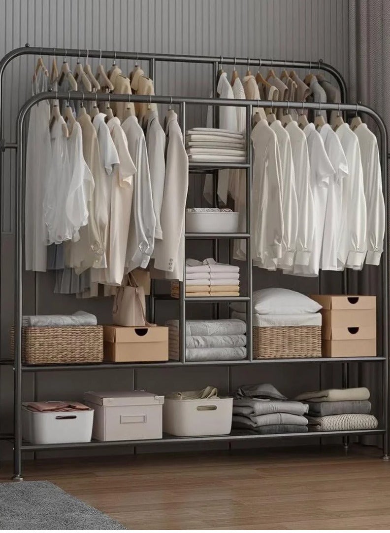 شي ون ستاند ملابس معدني من SHEE ONE | منظم ملابس بتصميم مفتوح مع علاقات وأرفف تخزين متعددة | خزانة ملابس عصرية للمساحات الصغيرة | علاقات ملابس معدنية لتخزين مرتب | رف تخزين قوي ومتين مقاوم للصدأ | لون اسود , 150×150× 30 - Image 4