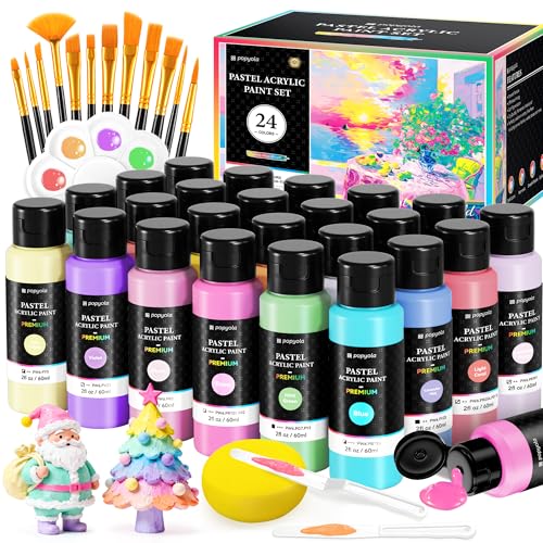 POPYOLA 40 PCS Pastel Acrylic Paint Set with 12 Brushes, 2 Knives & Palette, 24 Colors (2oz/60ml) Art Craft Paint for Adults Kids Artists Beginners, Halloween Pumpkin Canvas Ceramic Rock Painting Kit - Image 1