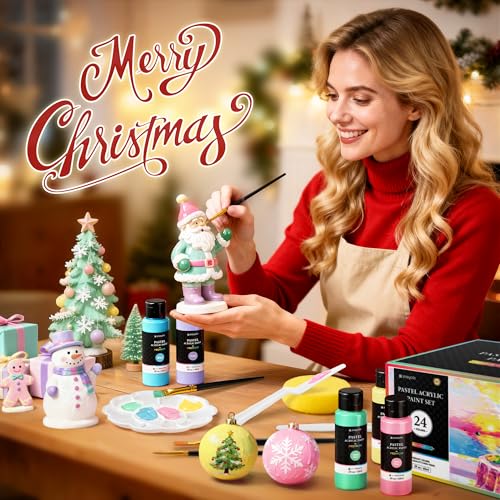 POPYOLA 40 PCS Pastel Acrylic Paint Set with 12 Brushes, 2 Knives & Palette, 24 Colors (2oz/60ml) Art Craft Paint for Adults Kids Artists Beginners, Halloween Pumpkin Canvas Ceramic Rock Painting Kit - Image 2