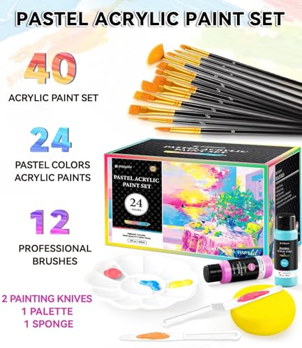 POPYOLA 40 PCS Pastel Acrylic Paint Set with 12 Brushes, 2 Knives & Palette, 24 Colors (2oz/60ml) Art Craft Paint for Adults Kids Artists Beginners, Halloween Pumpkin Canvas Ceramic Rock Painting Kit - Image 3