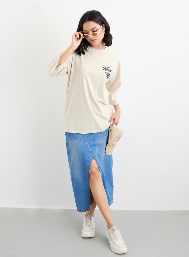 Styli Slogan Print Round Neck Oversized T-Shirt - Image 1