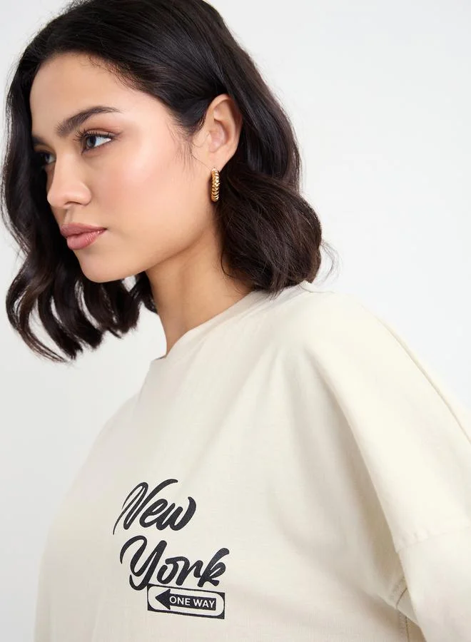 Styli Styli Slogan Print Round Neck Oversized T-Shirt