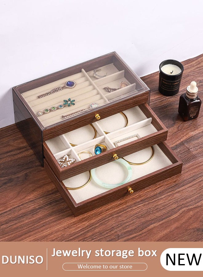 DUNISO 3 Layer Jewelry Box for Women, Jewelry Organizer Box,Anti-oxidation Jewelry Boxes,Glass Lid Jewelry Organizer with 3 Drawers for Earring, Bangle, Bracelet, Necklace and Rings - Image 1