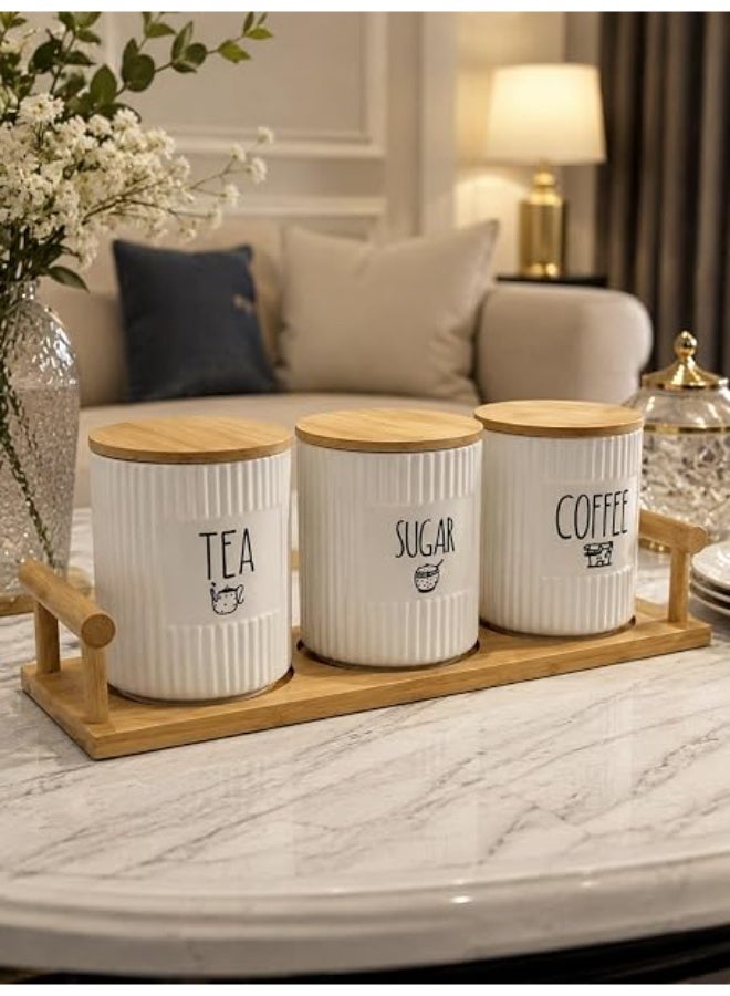 UShop YouShop | Porcelain tea, sugar, and coffee canister set; made of porcelain and bamboo. A modern design combining elegance and functionality—3-piece set. - Image 3