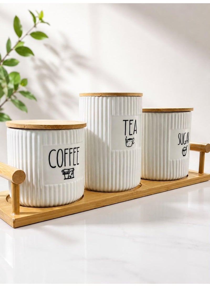 UShop YouShop | Porcelain tea, sugar, and coffee canister set; made of porcelain and bamboo. A modern design combining elegance and functionality—3-piece set. - Image 2