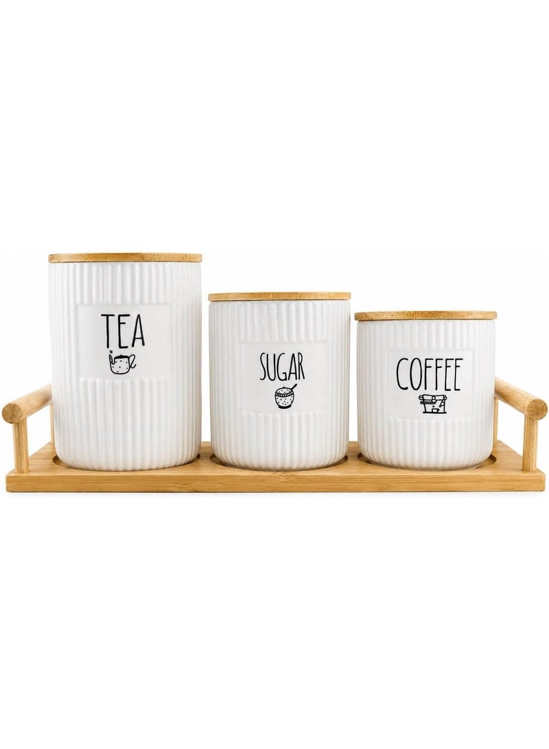 UShop YouShop | Porcelain tea, sugar, and coffee canister set; made of porcelain and bamboo. A modern design combining elegance and functionality—3-piece set. - Image 1