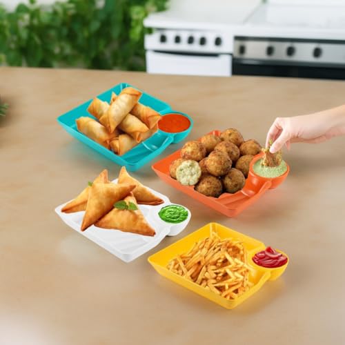 yomith Chip and Dip Serving Platter Dish Set, Divided Trays Snack Bowl Dishes, Wine Dine Appetizer Plates, Dumpling Plate with Sauce Holder for Kids, Family and Parties (8) - Image 2