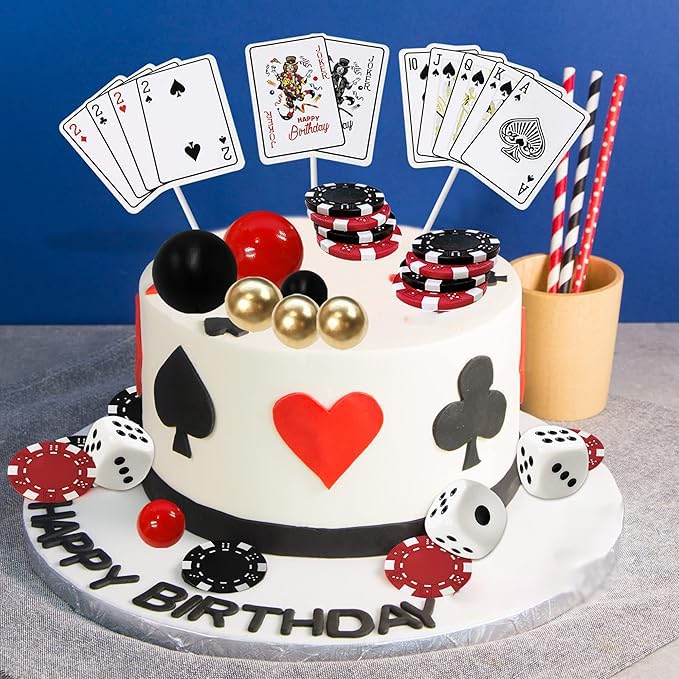 TOSPARTY 29PCS Casino Cake Decoration Dice Poker Chips Cupcake Cake Topper Set Ball Cake Topper Playing Card Game Theme Picks for Las Vegas Scene Birthday Party Decoration Supplies - Image 2
