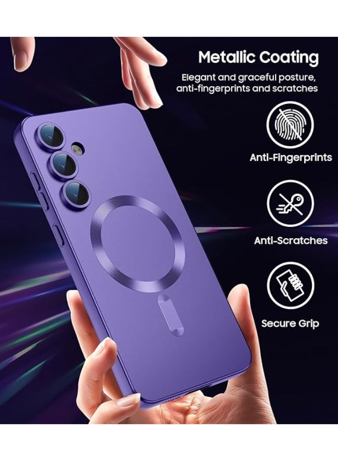 جراب مغناطيسي متوافق مع هاتف Samsung Galaxy A56 5G [متوافق مع MagSafe] [واقي عدسة الكاميرا المدمج] جراب هاتف رفيع ناعم من السيليكون مقاوم للصدمات لامع معدني (أرجواني) - Image 3