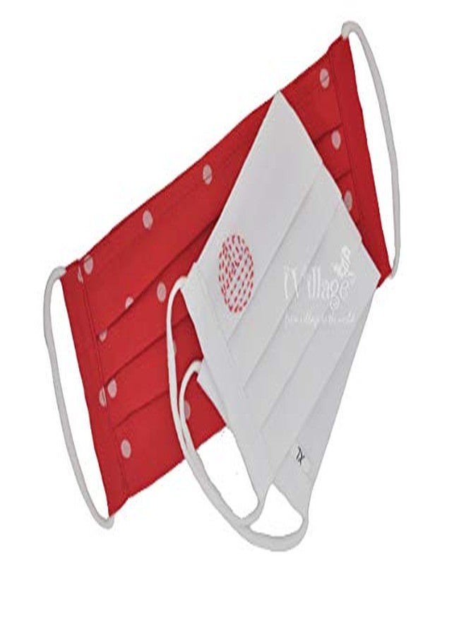 IVILLAGE قناع وجه من IVILLAGE | قطن ناعم | مقاوم للتجاعيد | قابل للغسل | قابل لإعادة الاستخدام | MASK05L_SET1 | 3 طبقات مع جيب للفلتر | طقم من قطعتين | أبيض وأحمر منقط - Image 2
