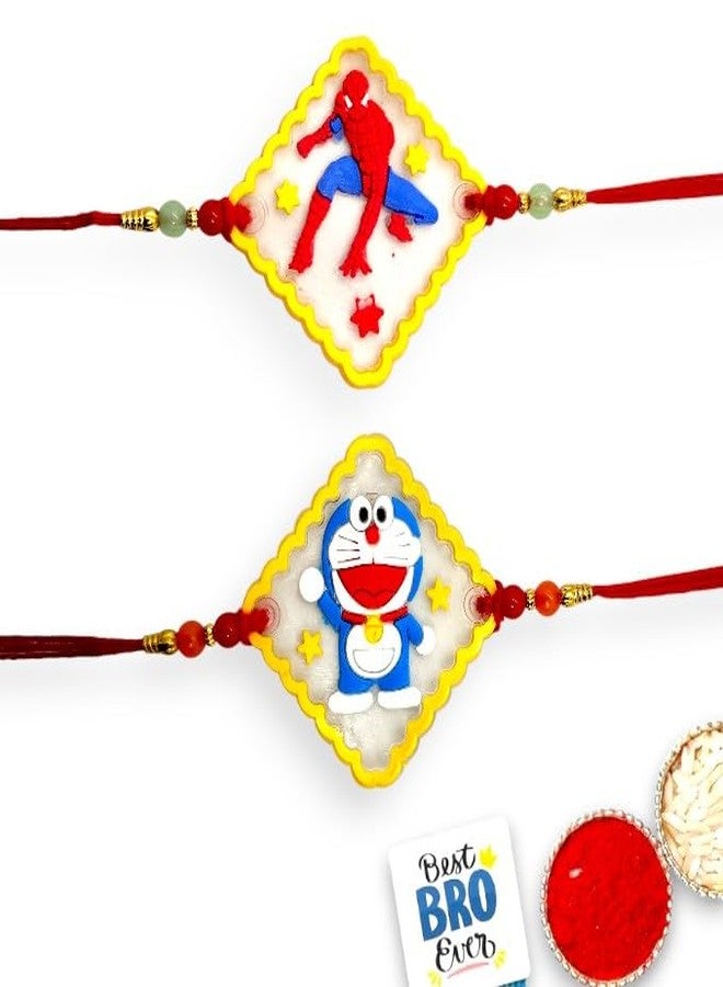 Elleva Rakhi set for Brother Bhai Combo | Cartoon Rakhi for Kids Doremon & Spiderman stylish Rakhis for Rakshabandhan Gift for Little Brother Set of 2 (Pack of 1) - Image 1