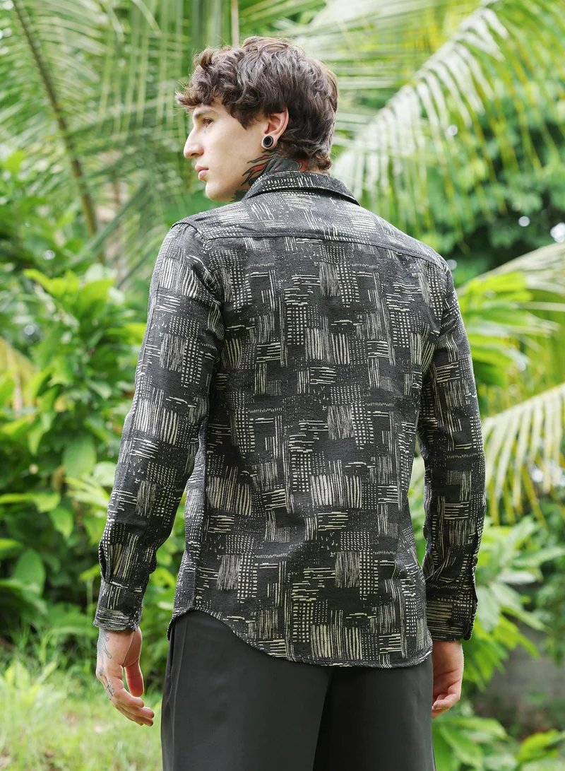 Campus Sutra Campus Sutra Men's Sacramento Green Contrast Scratch-Jacquard Shirt | Regular Fit Full Sleeve Spread Collar Abstract Pattern | Cotton-Blend Woven Fabric For Club & Casual Wear