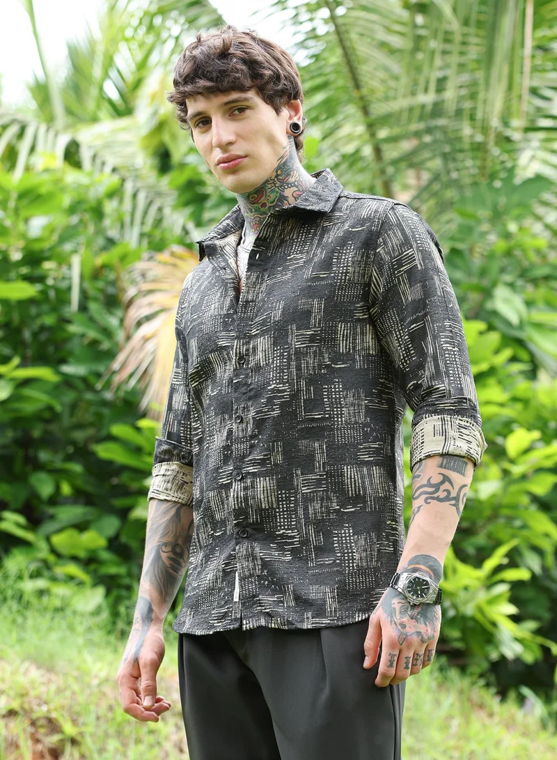 Campus Sutra Campus Sutra Men's Sacramento Green Contrast Scratch-Jacquard Shirt | Regular Fit Full Sleeve Spread Collar Abstract Pattern | Cotton-Blend Woven Fabric For Club & Casual Wear