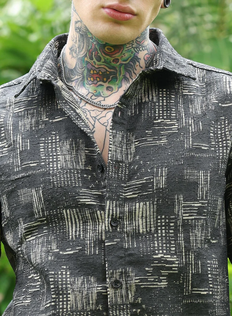 Campus Sutra Campus Sutra Men's Sacramento Green Contrast Scratch-Jacquard Shirt | Regular Fit Full Sleeve Spread Collar Abstract Pattern | Cotton-Blend Woven Fabric For Club & Casual Wear