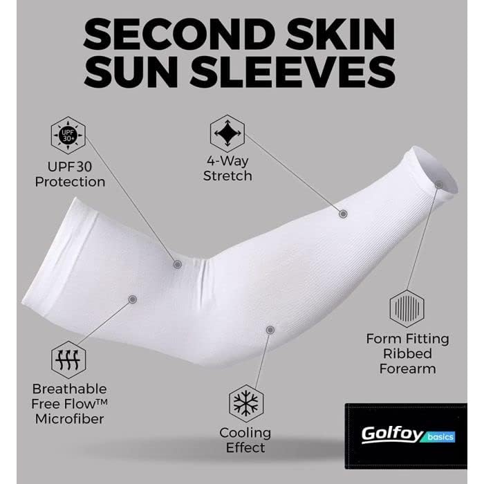 Golfoy Basics High Performance UPF 30+ UV Sun Protection Cooling Arm Sleeves For Men & Women - Suitable for Golfing, Running, Basketball, Football, Biking (Pair) - White - Image 4