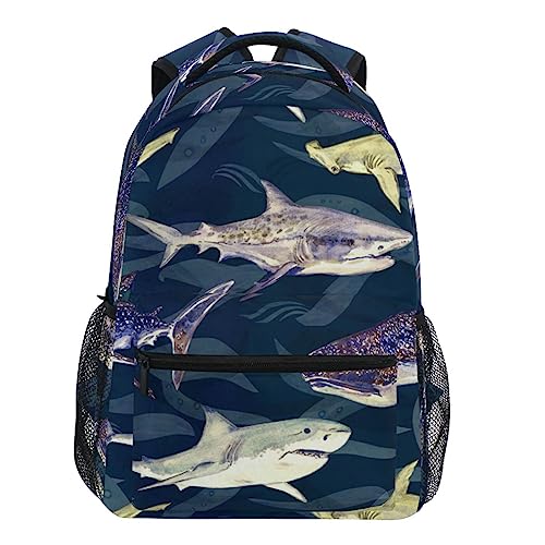 Oarencol Sharks Dark Blue Backpacks Animal Fish Bookbags Daypack Travel School College Bag for Womens Girls Mens Boys Teens - Image 1