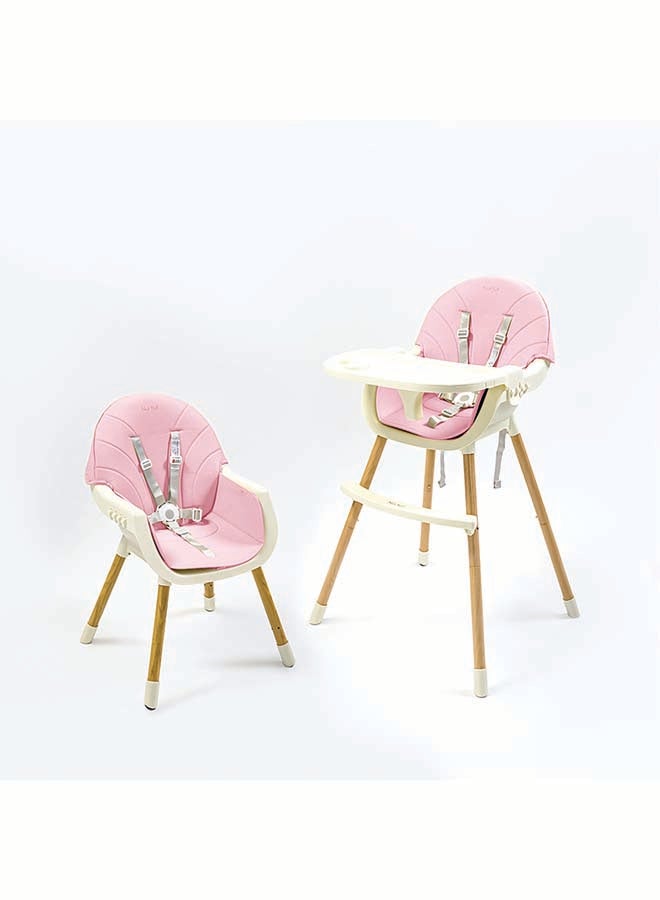 Nurtur Nurtur 2 in 1High chair, adjustable height, wooden finish, with padded cushioning, Detachable Tray, footrest included - Pink - Image 1