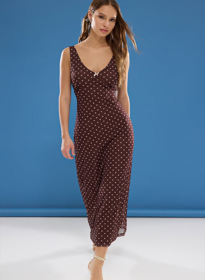 trendyol Polka Dot Stretchy Maxi Dress  Brown with Bow, Tulle Detail - Image 2