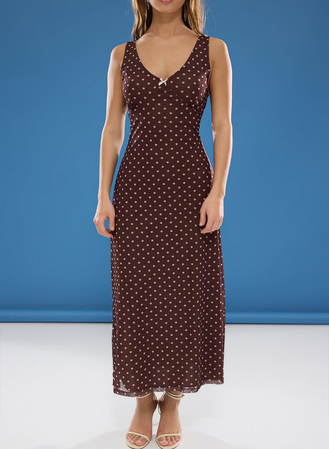 trendyol Polka Dot Stretchy Maxi Dress  Brown with Bow, Tulle Detail - Image 3