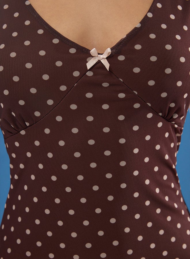 trendyol Polka Dot Stretchy Maxi Dress  Brown with Bow, Tulle Detail - Image 4