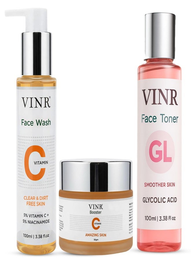 VINR مجموعة فينر للعناية بالبشرة لتفتيحها ومنحها إشراقة | غسول للوجه بفيتامين سي + مرطب بفيتامين سي + تونر للوجه بحمض الجليكوليك | تقليل بهتان البشرة، توحيد لونها، ونعومتها | للرجال والنساء - Image 1