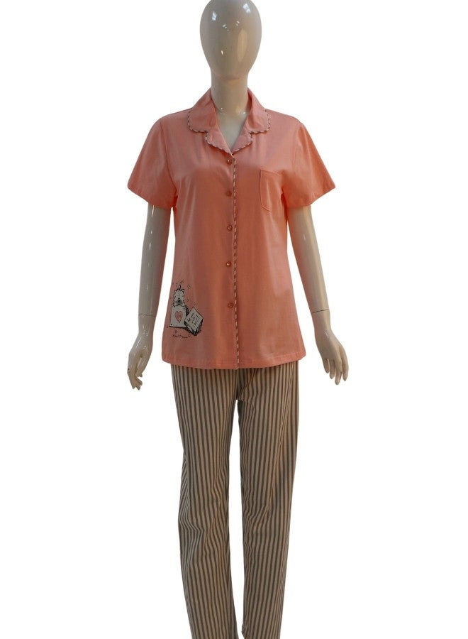 JOANNA JOANNA Women's For You With Love Print Button Down Short Sleeve Shirt & Long Pants Pajama Set, Pink - Image 1