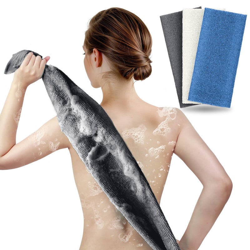 ARCH&M Exfoliating Back Scrubber & Body Washcloth (3 Pack), 35-Inch Japanese Exfoliation Towel for Shower, Deep Cleansing Nylon Beauty Cloth for Smooth Skin (Black Off-White Navy-Blue) - Image 1