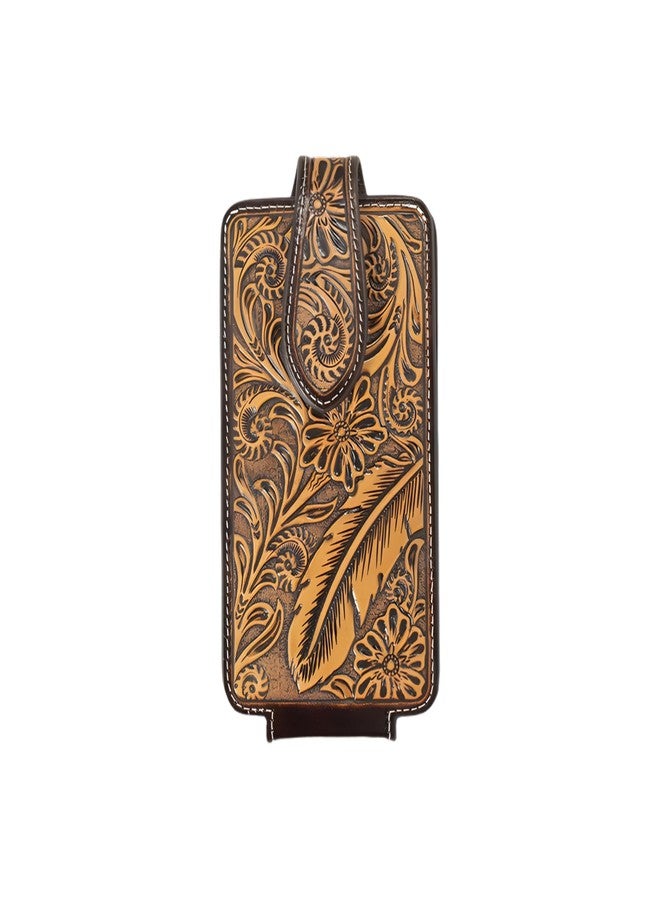 ARIAT Floral & Feather Embossed Leather Cell Phone Case - Fits iPhone 17/16/15 Pro Max, Galaxy S25/S24/S23 Ultra, Pixel 9 Pro XL | Magnetic Flap | 360° Belt Clip | Brown, Large