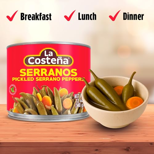 La Costeña Whole Serrano Pepper & Sliced Carrots - Spicy Green Chiles for Mexican Food, Pico de Gallo, Taco Seasoning, Salsa Verde & Guacamole - Hot Pickled Vegetables - 12oz, 12 Pack Cans - Image 5
