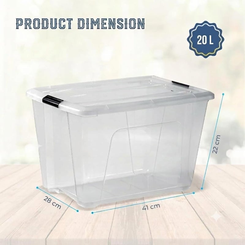 ® 20L Clear Storage Boxes with Lockable Lid – Pack Of 2 Transparent Plastic Organizer for Clothes, Toys, Tools, Office Supplies, Medicines & Crafts (20 LTR)