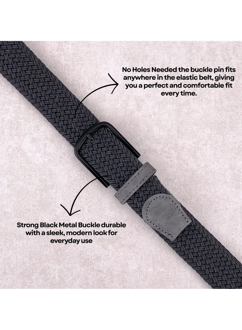 Classic Milano Grey (DWE-317) Classic Milano Braided Cotton Elastic Stretch Belt for Men & Women, Woven Canvas Web Belt with Gift Box, Adjustable Men's Belt | Full Length: 110CM (Free Size - Fits up to the waist of 40 Inches / 100 CM)  | Best Price UAE