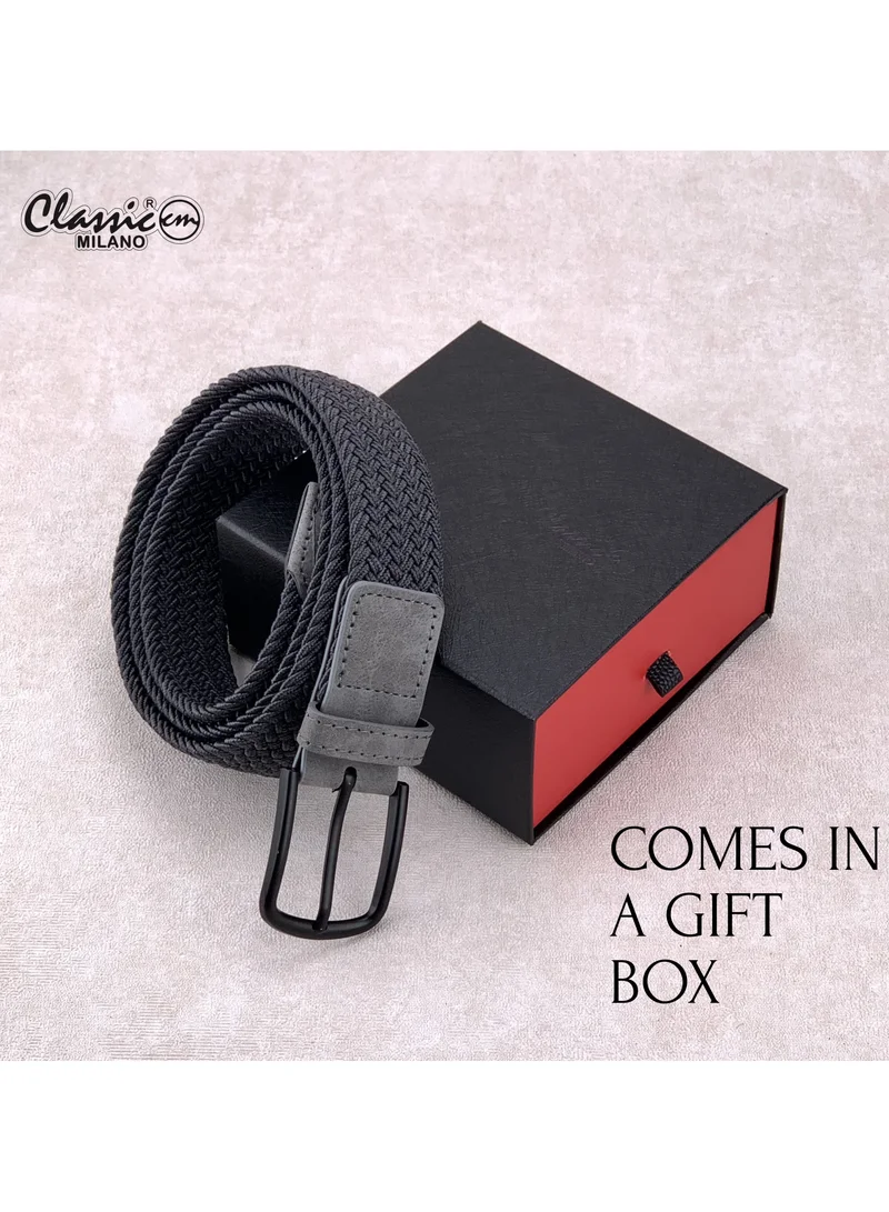 Classic Milano Grey (DWE-317) Classic Milano Braided Cotton Elastic Stretch Belt for Men & Women, Woven Canvas Web Belt with Gift Box, Adjustable Men's Belt | Full Length: 110CM (Free Size - Fits up to the waist of 40 Inches / 100 CM)  | Best Price UAE