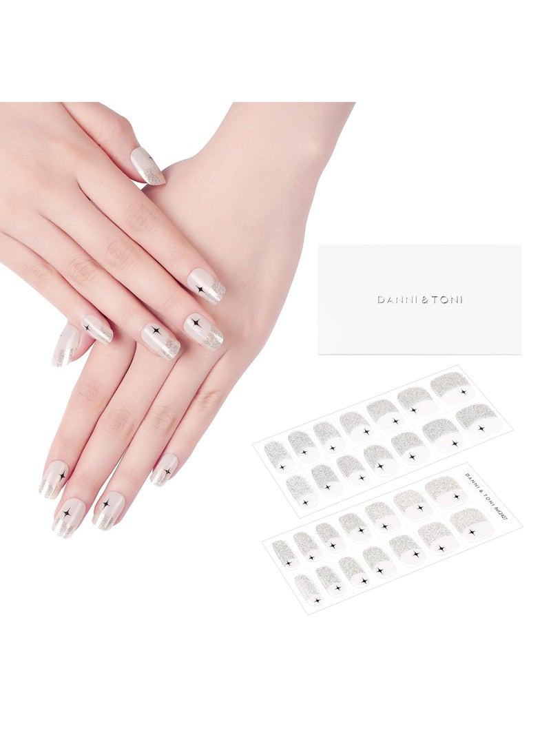DANNI & TONI - DANNI & TONI Semi Cured Gel Nail Strips White French (Starry Serenade) Stars Gel Nail Polish Stickers with Silver Glitter French Tips Glossy Nail Wraps 28 Stickers - Image 1
