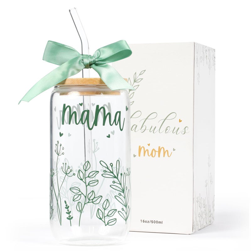 KMCCUMBER Gifts for Mom-Bow Mama Glass Cup with Lids and Straws Cute Aesthetic Iced Coffee Cup Smoothie Tumbler Gift for Mothers Day Christmas New Mom to be Personalized Birthday Presents for Women 16oz - Image 1