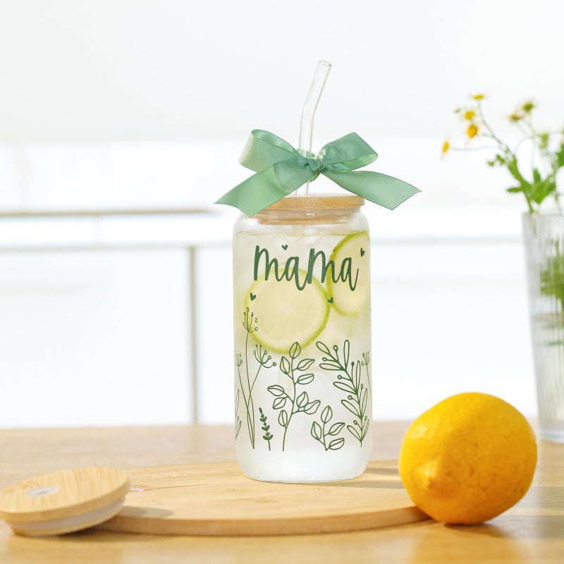 KMCCUMBER Gifts for Mom-Bow Mama Glass Cup with Lids and Straws Cute Aesthetic Iced Coffee Cup Smoothie Tumbler Gift for Mothers Day Christmas New Mom to be Personalized Birthday Presents for Women 16oz - Image 4
