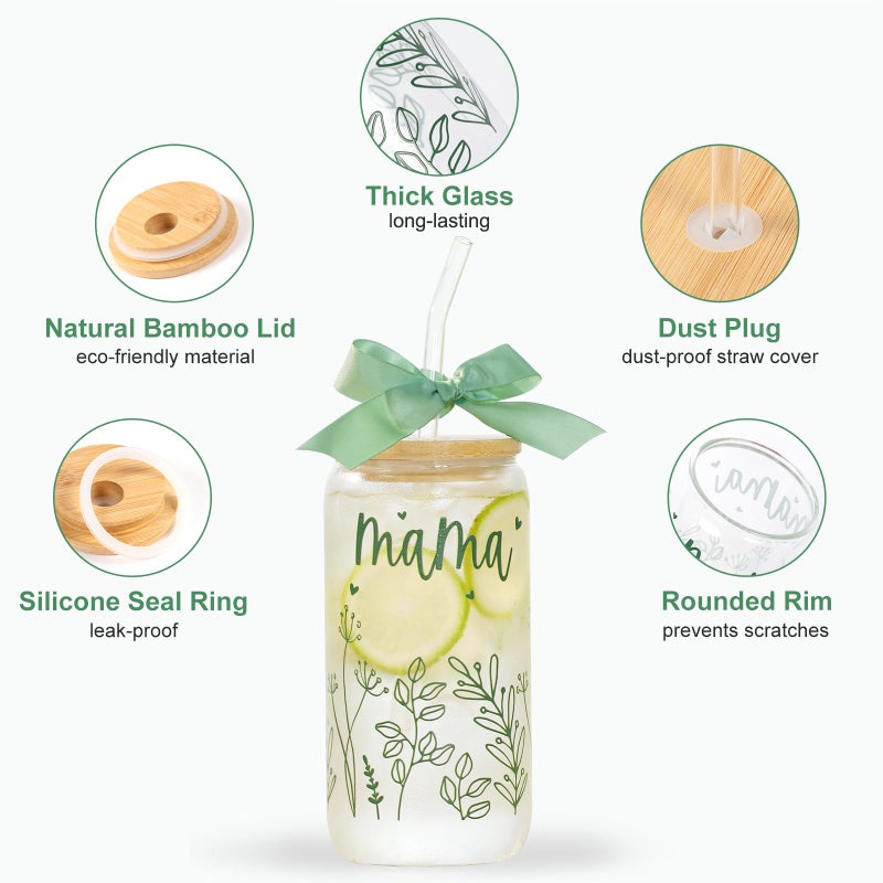 KMCCUMBER Gifts for Mom-Bow Mama Glass Cup with Lids and Straws Cute Aesthetic Iced Coffee Cup Smoothie Tumbler Gift for Mothers Day Christmas New Mom to be Personalized Birthday Presents for Women 16oz - Image 5