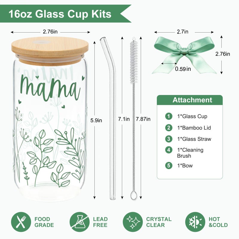 KMCCUMBER Gifts for Mom-Bow Mama Glass Cup with Lids and Straws Cute Aesthetic Iced Coffee Cup Smoothie Tumbler Gift for Mothers Day Christmas New Mom to be Personalized Birthday Presents for Women 16oz - Image 2