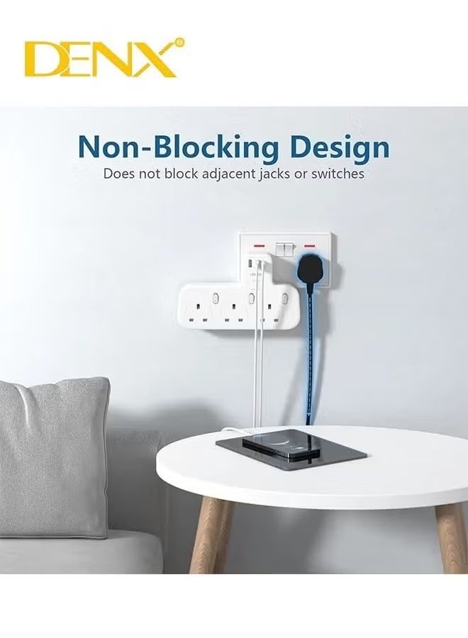 Denx Wall-Mount Power Strip – 3 Triple Outlets, 2 USB Ports with PD Quick-Charge, Surge Protection, Multi-Device Charging Station for Home & Office - Image 4