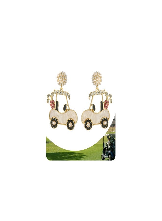 MADISON TYLER Cute Statement Golf Cart Earrings for Women Trendy | Fun Unique Pave Rhinestone Beige Golf Cart Club Earring for Golfing Women - Image 1