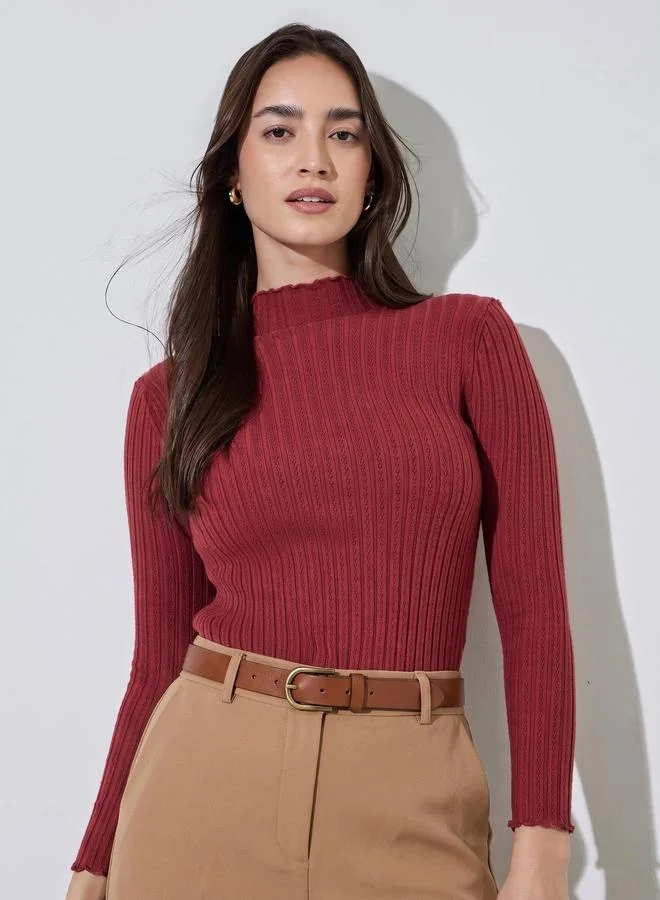 ستايلي Red Solid High Neck Ribbed Sweater
