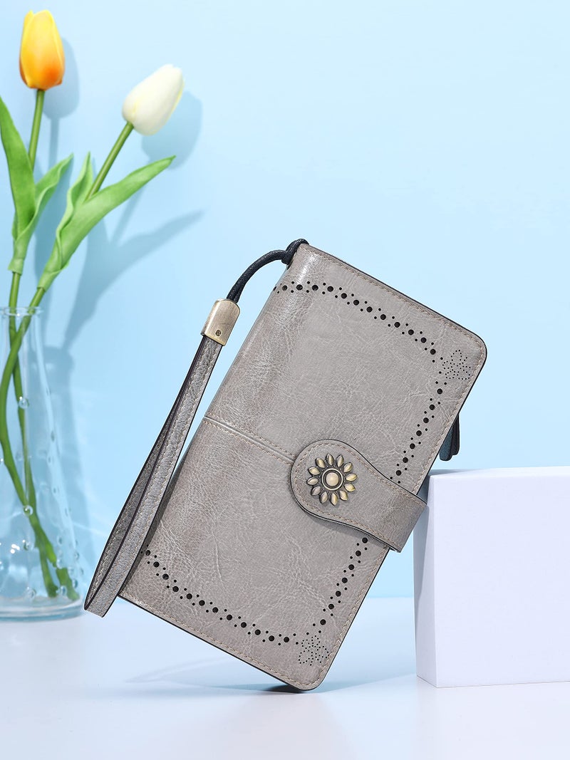 Lavemi Womens Large Capacity Genuine Leather RFID Blocking Wallets Wristlet Clutch Card Holder(1- Gray) - Image 2