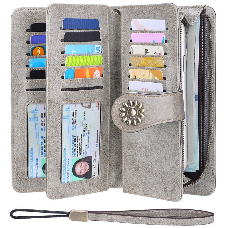 Lavemi Womens Large Capacity Genuine Leather RFID Blocking Wallets Wristlet Clutch Card Holder(1- Gray) - Image 1