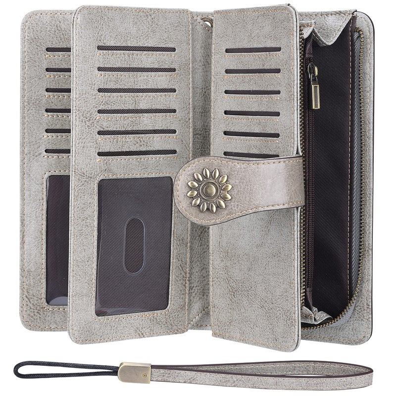 Lavemi Womens Large Capacity Genuine Leather RFID Blocking Wallets Wristlet Clutch Card Holder(1- Gray) - Image 3