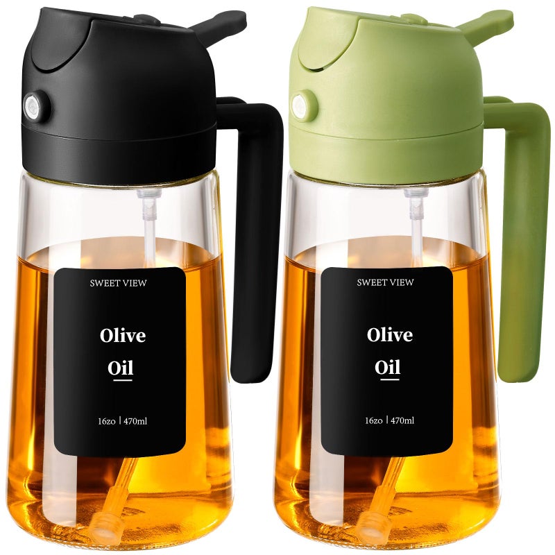 SWEET VIEW 2PCS Olive Oil Sprayer for Cooking 470ml 2 In 1 Glass Oil Sprayr Pour for Kitchen Air Fryer Cooking Salad BBQ BlackGreen
