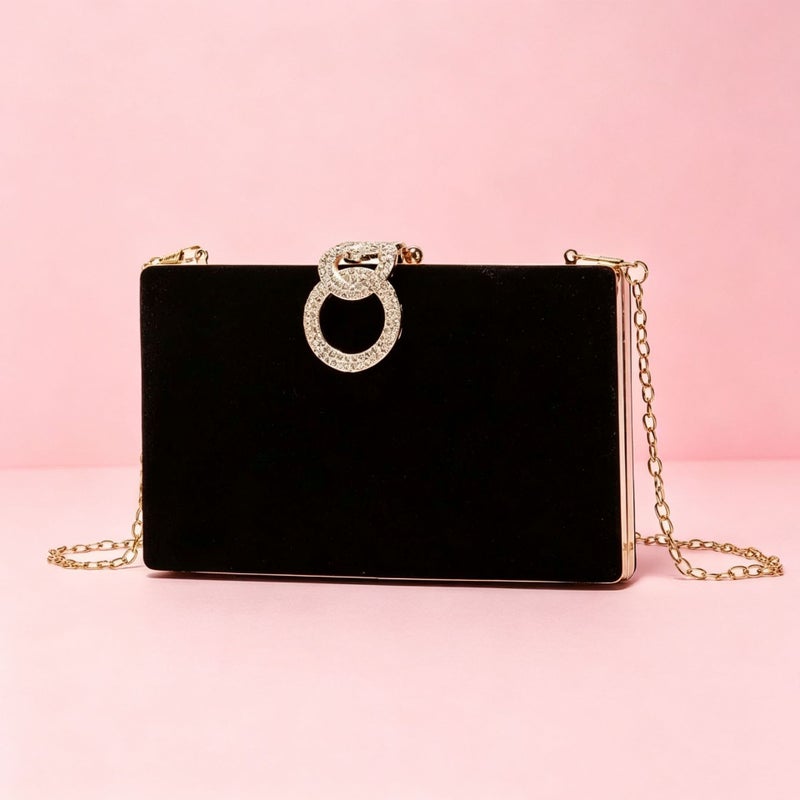 Velvet Clutch Evening Bag with Chain and Rhinestones - Image 1