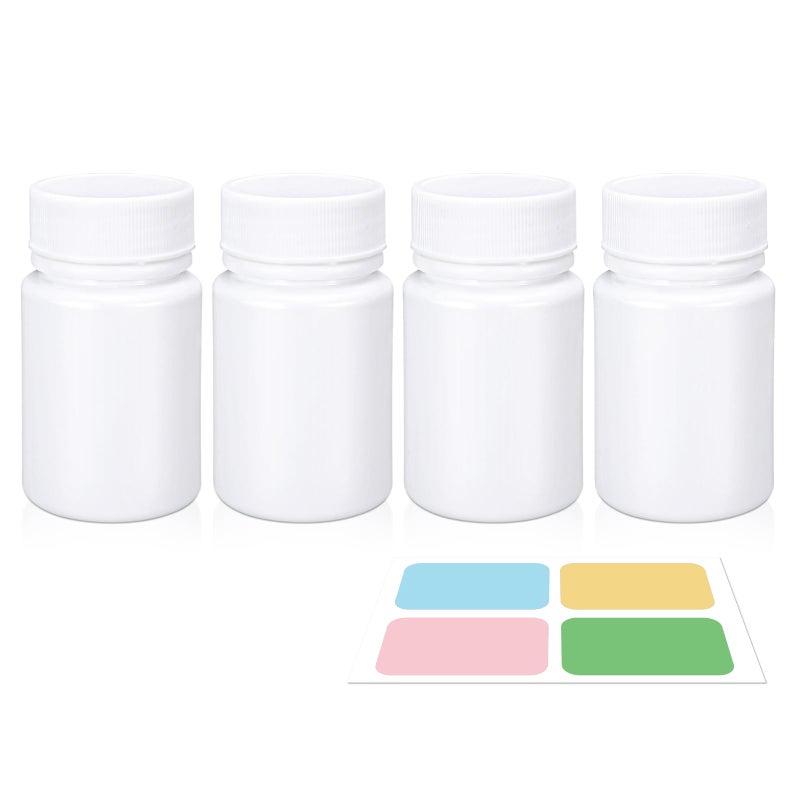 UMETASS White Pill Bottle, Empty Medicine Bottles with Screw Caps for Pills Capsules Vitamins, Food Grade Plastic Medicine Containers with Labels for Travel (1.7oz/50ml, 4 Pcs) - Image 1